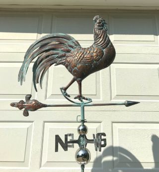 Lg French Rooster 3d Functional Weathervane Aged Copper Patina Finish Cupola