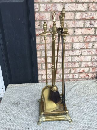 Antique Early 1800’s Brass Fireplace 5 Piece Set Claw Feet Wow