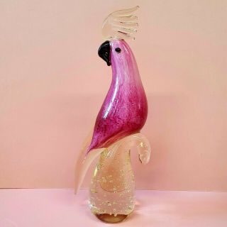 Vintage Bullicante Cased 12” Pink Murano Art Glass Italy Parrot Cockatoo Bird