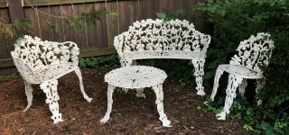 4 Pc Antique Victorian Cast Iron Grape Leaf Garden Seat & Bench 20th Century