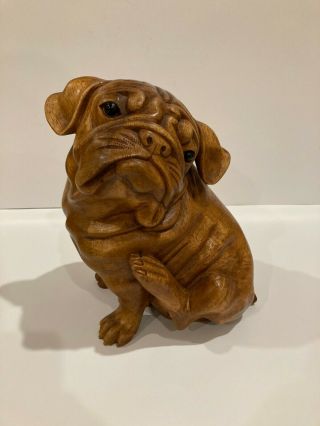 Wooden Hand Carved Sitting English Bulldog Statue Figurine Sculpture Wood Dog