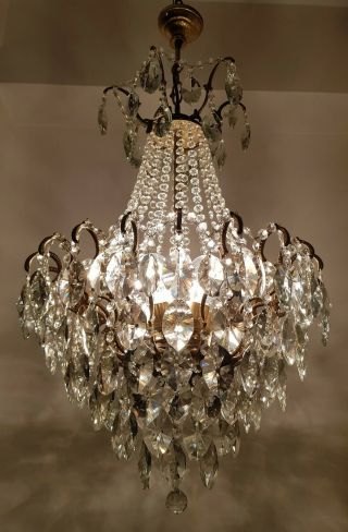 Antique Vintage Cast Brass & Crystals Spider Style Chandelier Ceiling Lamp