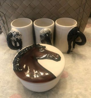 Vintage Happy Appy Horse Butt Art Pottery (4) Coffee Mugs (1) Horse Trinket Box