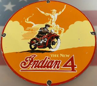 Vintage The Indian 4 Motorcycle Porcelain Dealership Sign Service Gas Oil