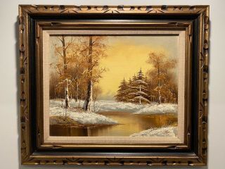 Vintage Winter River Landscape Scene Oil Painting Signed & Framed