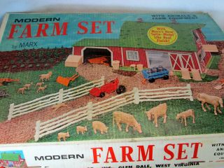 Vintage 1969 Marx Tin Lazy Day Modern Farm Set Barn Animals Shed Tractor 3931