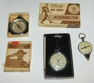 Vintage Official Boy Scouts Compass And Pedometer With Boxes