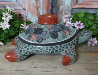 Sea Turtle Vase Handmade & Painted Tonala Pottery Mexican Folk Art Barro Bruñido