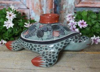 Sea Turtle Vase Handmade & Painted Tonala Pottery Mexican Folk Art Barro Bruñido 2