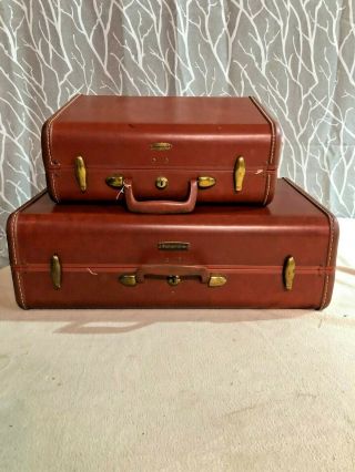 Vintage Samsonite Schwayder Bros.  Brown Leather 21 " Hard Suitcase W/ Key