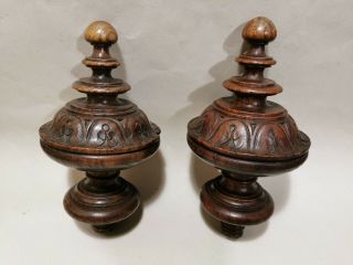 Pair Large Antique Newel Stairwell Post Finial Oak Wood Carved Cap Curtain Stair