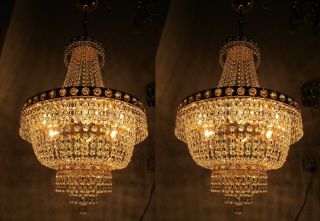 A Pair Antique Vnt Austrian & Real Swarovski Crystal Chandelier Lamp 1950s 16in