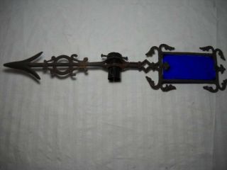 Antique Kretzer? Cast Iron Lightning Rod Weathervane Arrow W/ Blue Glass Tail