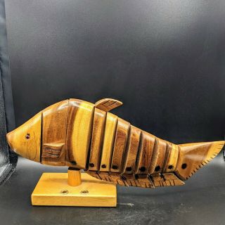Vintage Wooden Articulated Fish Art On Pedestal Desk Pencil Pen Holder