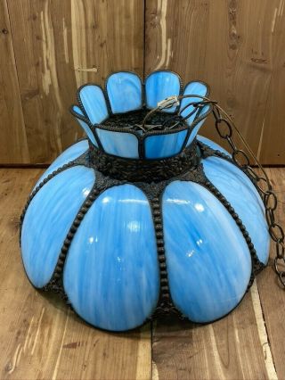 Large Vintage Tiffany Victorian Style Blue Stained Slag Glass Lamp Shade 18 " X11 "