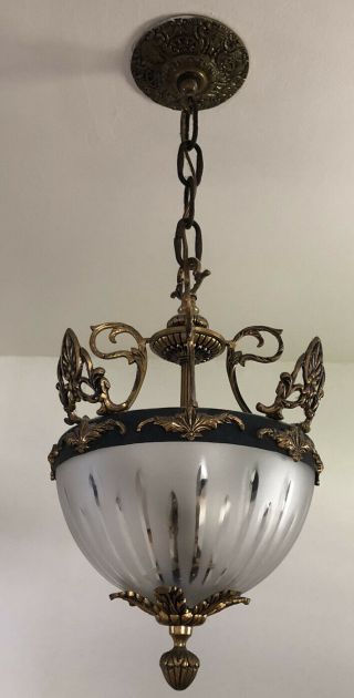 Vintage Brass Frosted Glass Hanging Pendant Fixture,  2 Bulbs,  Light