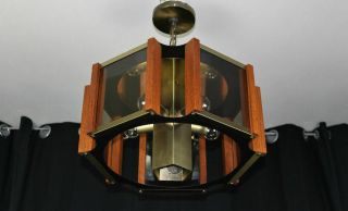 Fredrick Ramond Ceiling Light Fixture Brass & Oak Glass Post Modern Chandelier