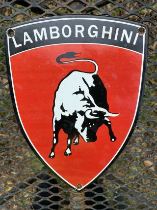 VINTAGE LAMBORGHINI PORCELAIN METAL SIGN OIL GAS ITALIAN AUTO RACE CAR SHIELD 2