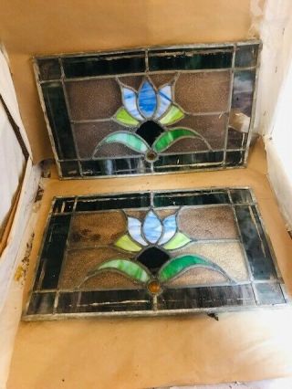 2 Matching Stained Glass Window Antique Unique Small Needs Work 16 1/2 " By 10 "