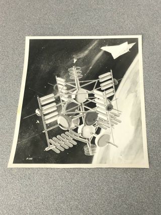 Future Space Station / Shuttle Concept Art B/w Photograph Rockwell Nasa