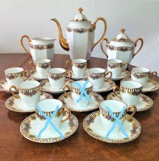 Vintage Andre Francois Limoges Handpainted Coffee Set For 9 W/demitasse Cups