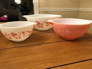 3 Vintage Pyrex Pink Gooseberry Mixing Nesting Cinderella Bowls 441 443 444 Set