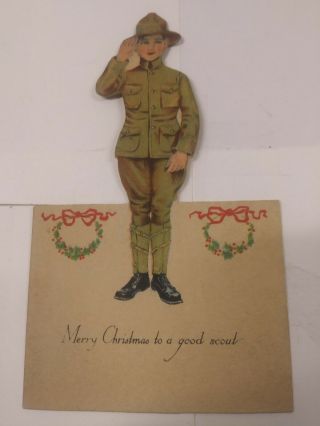 Boy Scout Christmas Card,  1912 To 1920 Era,  Die Cut Saluting Boy Scout,  Rare