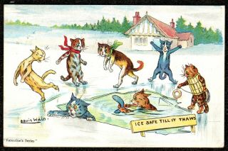 1905 Louis Wain Cats Ice Skating Postcard Valentines Exc