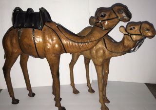 2 Vintage Camels Leather Wrapped Figures Statue Christmas Nativity 18” & 21”