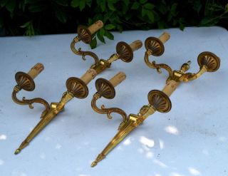 Four French Vintage Bronze Sconces Re Wired 110v - 240v 11 " X 10 " Candle Bulbs