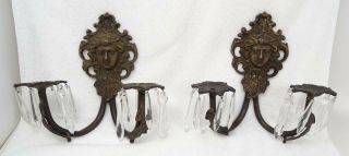 Pair Antique Art Nouveau Brass Wall Sconces Woman’s Face Threaded Can Be Wired
