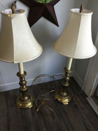Vintage Matching Pair Stiffel Brass 30 " Tall Candleabra Style Table Lamps Shades