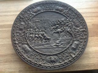 Antique Bronze Wall Plaque Plate Of A Medieval Battle On A Cast Iron Back