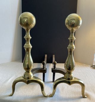 Pair Antique Howes Boston 432 Solid Brass & Cast Iron Fireplace Andirons