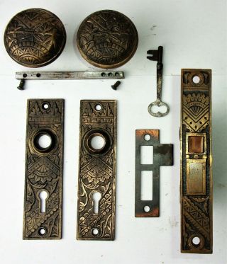 Antique Set Eastlake Victorian Aesthetic Backplates Door Knob Mortise Lock W Key