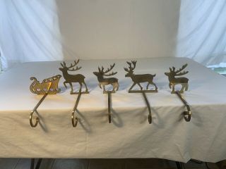5 Vintage Heavy Brass Christmas Stocking Holders - Long Arm