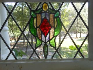 V - 1009 Older Transom Style English Leaded Stained Glass Window 24 1/4 X 17 3/8
