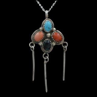 Vintage Navajo Native American Sterling Silver Turquoise Coral & Onyx Pendant