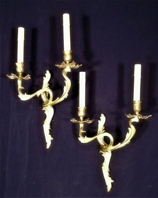 Pair Mid Century French Rococo Double Arm Brass Sconces