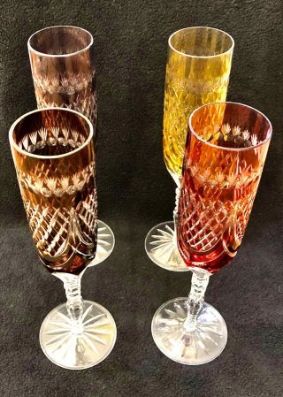 4 Vintage Ajka Design Guild Multi Color Cut - To - Clear Crystal Champagne Flutes