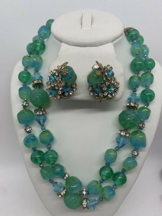 Gorgeous Blue/green Vintage ‘50s Miriam Haskell Necklace And Earring Set