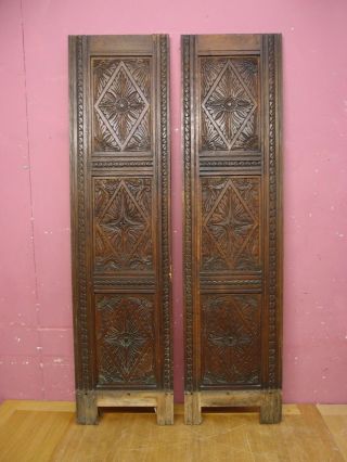 Pair Antique Victorian Hand Carved Oak Wooden Cabinet Triple Panels