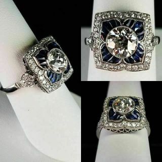 Blue Sapphire Art Deco Vintage Engagement Ring 2 Ct Diamond 14k White Gold Over