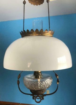 Antique B&h Retractable Victorian Hanging Oil Library Parlor Lamp Light
