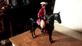 Hartland " Cowgirl " Figure On Black Horse W/red Saddle Western Model Figure