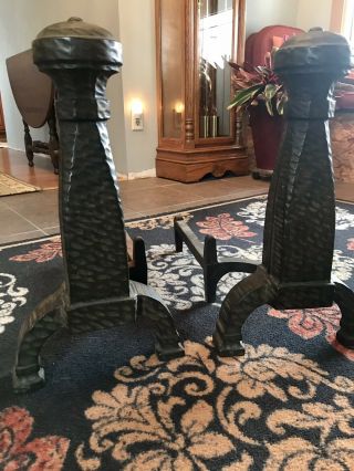 Antique Mission Arts & Crafts Cast Iron Hammered Large Heavy Andirons