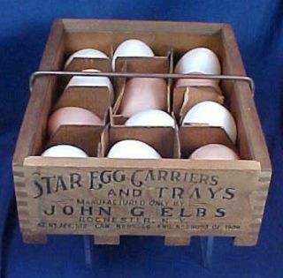 Vintage Wood Star Egg Carrier John Elbs Rochester N.  Y.  Dovetail Including Eggs