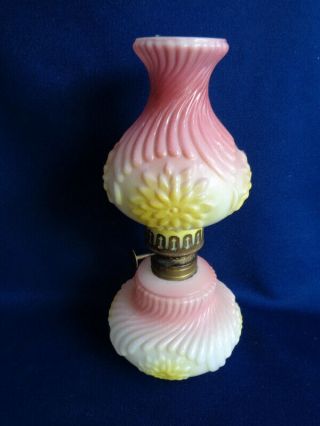 Vintage Bristol Milk Glass Miniature Kerosene Lamp - Molded Flowers Pink Yellow