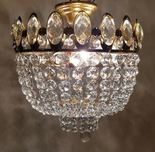 Reserved Antique Vintage Brass & Crystals Low Ceiling Chandelier Lamp Light