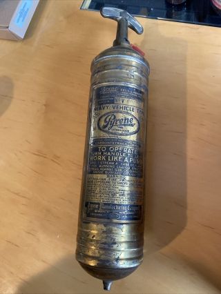 Vintage Antique Pyrene 1 Quart Fire Extinguisher Brass Empty With Mounting Bkt.